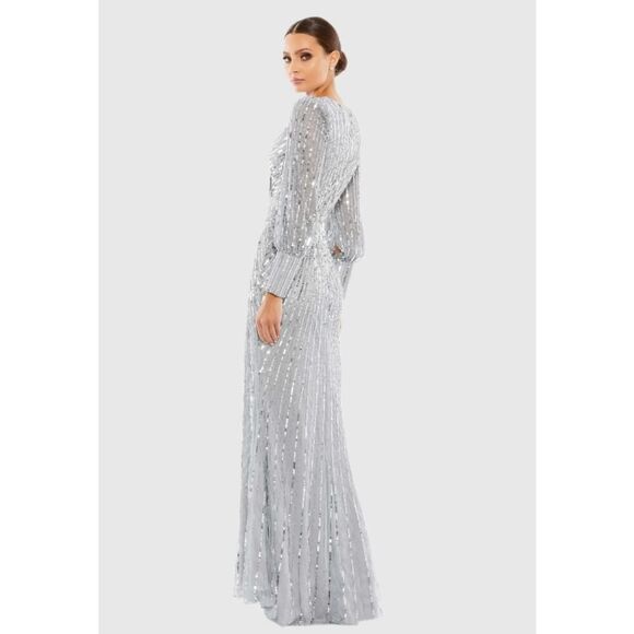 Mac Duggal Silver Sequined Wrap Over Bishop Sleeve Gown - Size 2 - New - Picture 3 of 7